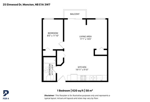 Floor plan for 1 bed, 1 bath, 620 sqft